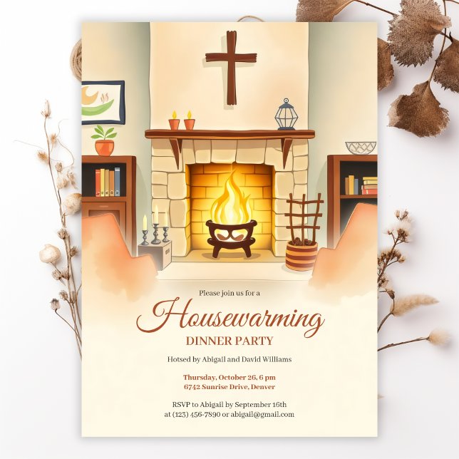 Convite Partido Janto de Lareiras Cozy Cozy para a Habitaç (Christian Housewarming Invitation Cozy Fireplace Dinner Party Card Invitation)