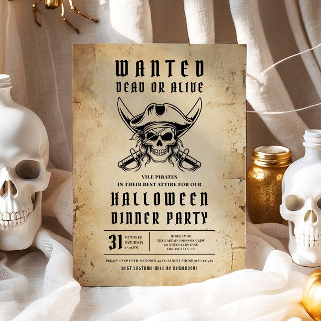 Convite Partido Janto Pirate Skull Halloween (Pirate Skull Halloween Dinner Party Invitation)