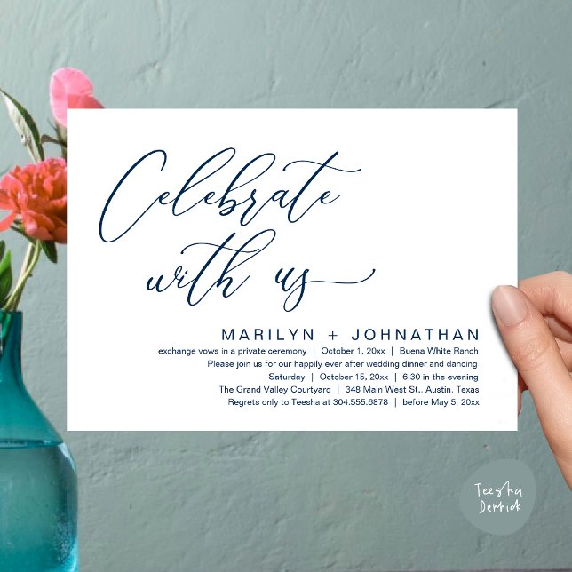 Convite Partido Janto Romântico de Casamento, Celebrar con (Celebrate with us, Romantic Wedding Dinner Brunch Party Invites Card PDF Modern Classy Navy Blue)