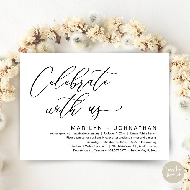 Convite Partido Janto Romântico de Casamento, Celebrar con (Celebrate with us, Romantic Wedding Dinner Brunch Party Invites Card PDF Modern Classy White Black)