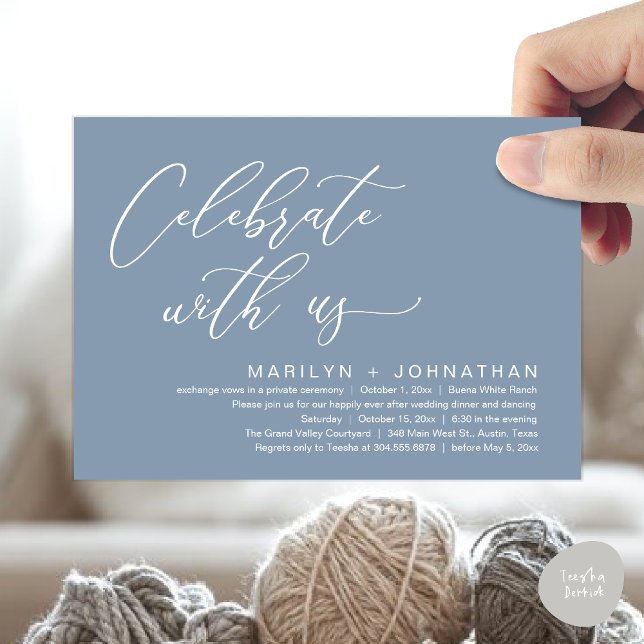 Convite Partido Janto Romântico de Casamento, Celebrar con (Celebrate with us, Romantic Wedding Dinner Brunch Party Invites Card PDF Modern Classy Dusty Blue)