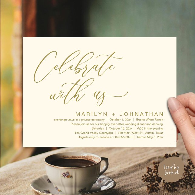 Convite Partido Janto Romântico de Casamento, Celebrar con (Celebrate with us, Romantic Wedding Dinner Brunch Party Invites Card PDF Modern Classy Yellow Gold)