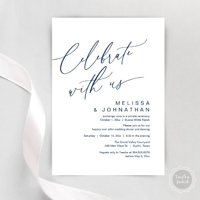 Convite Partido Janto Romântico de Casamento, Celebrar con (Romantic Wedding Dinner Party, Celebrate with us Lunch Brunch Modern Invites Card  PDF Navy Blue)