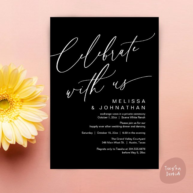 Convite Partido Janto Romântico de Casamento, Celebrar con (Romantic Wedding Dinner Party, Celebrate with us Lunch Brunch Modern Invites Card  PDF Classy Black)