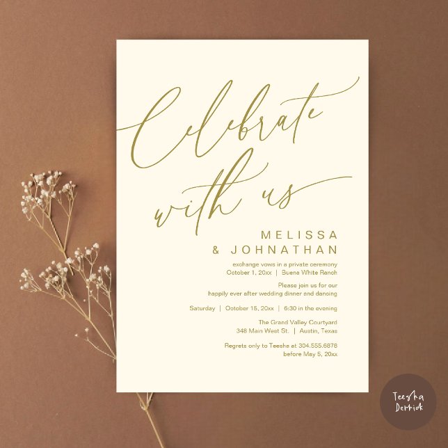 Convite Partido Janto Romântico de Casamento, Celebrar con (Romantic Wedding Dinner Party, Celebrate with us Lunch Brunch Modern Invites Card  PDF Yellow Gold)