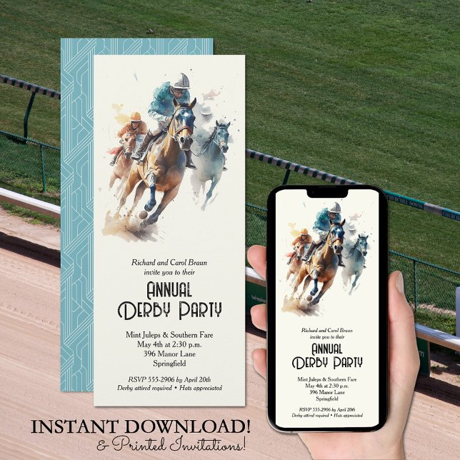 Convite Partido Jockeys e Racecavalo Derby (Jockeys and Racehorses Derby Party Invitations - INSTANT DOWNLOAD and/or PRINTED or both!)