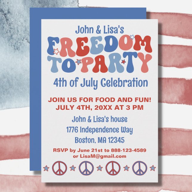 Convite Partido Liberdade Retro Groovy 4 de julho (Your 4th of July party will be a hit with this groovy "freedom to party" invitation.)