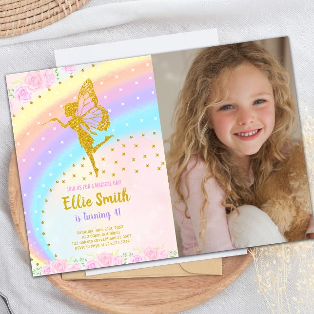 Convite Partido Magical Sparkle para Meninas (Photo Rainbow Glitter Fairy Birthday Invitations)