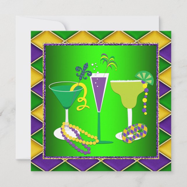 Convite Partido Mardi Gras Fleur De Lis Mardi Gras (Frente)