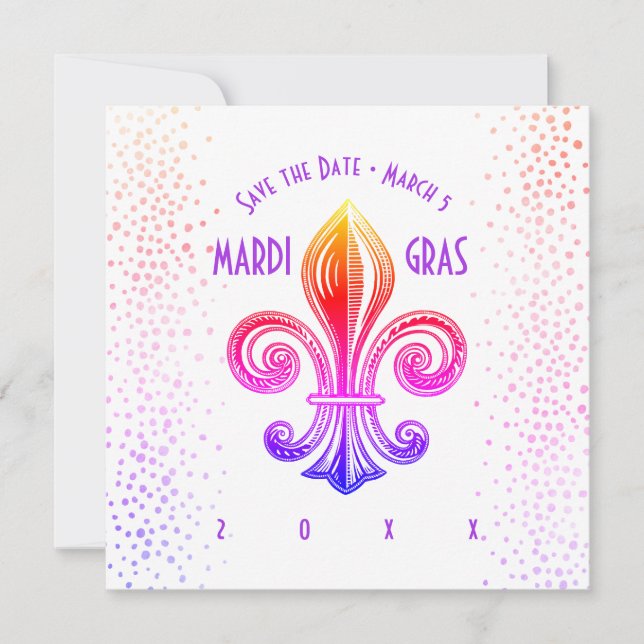 Convite Partido Mardi Gras Rainbow Fleur De Lis (Frente)