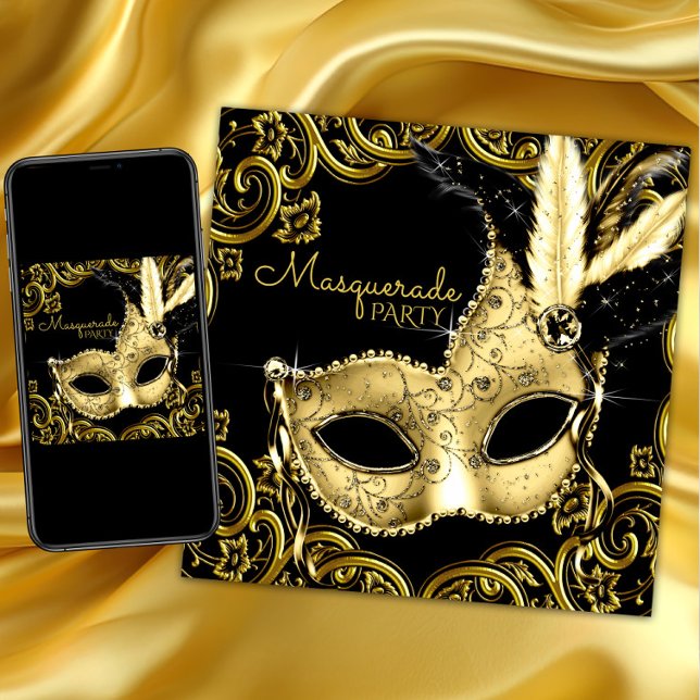 Convite Partido Mascarada de Máscara de Pena Negra e Doura (Black and gold masquerade party invitation with beautiful gold mask and gold swirls. Any occasion.)