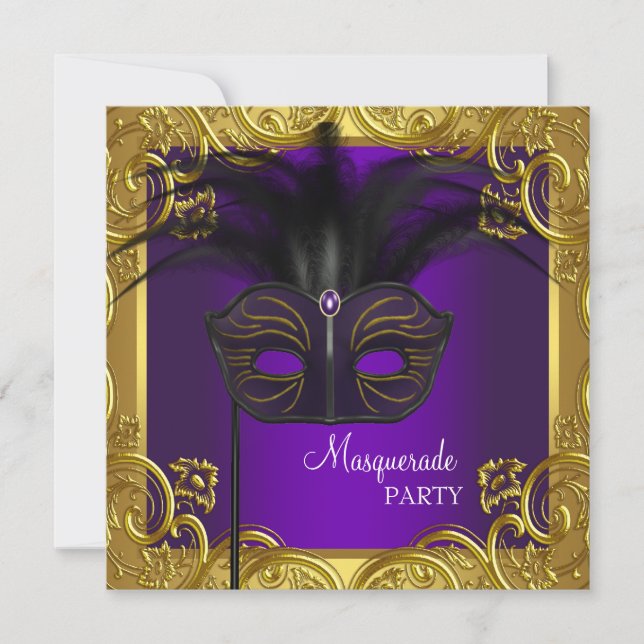 Convite Partido Mascarada de Máscara Roxo e Dourado (Frente)