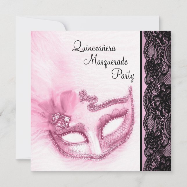 Convite Partido Mascarada de Quinceanera Rosa bonito (Frente)