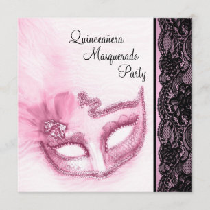 Convite Partido Mascarada de Quinceanera Rosa bonito