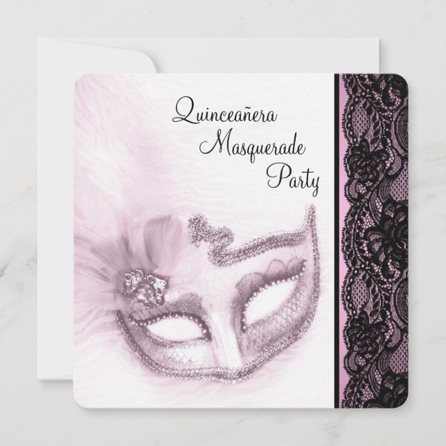 Convite Partido Mascarada de Quinceanera Rosa bonito (Frente)