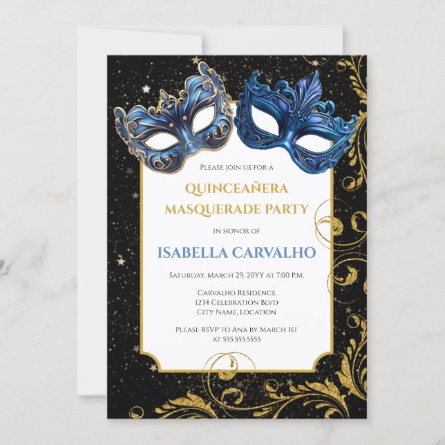 Convite Partido Mascarada Luxe Quinceañera (Frente)