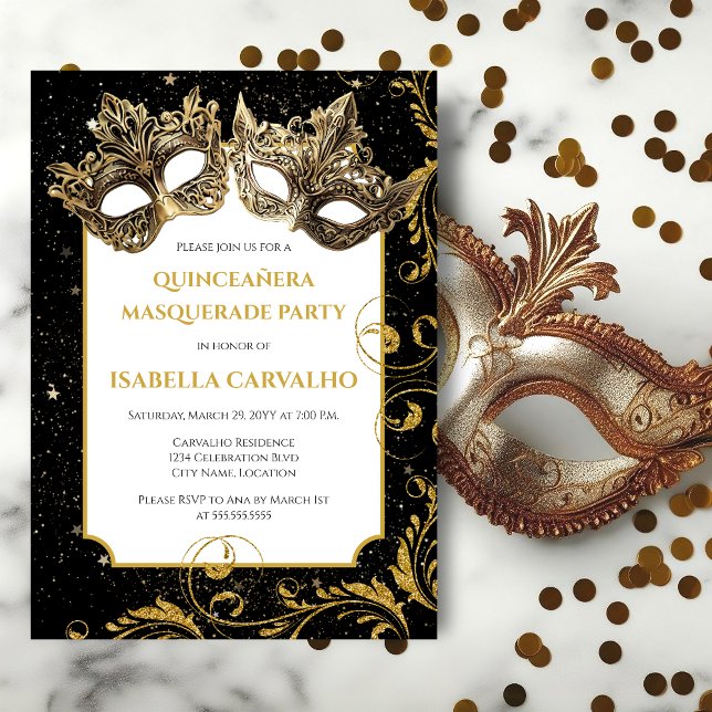 Convite Partido Mascarada Luxurioso Quinceañera (Quinceanera masquerade birthday party invitation front view.)