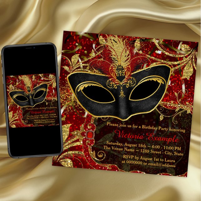 Convite Partido Mascarada Negro Vermelho e Dourado (Red and gold masquerade party invitation. Any occasion. Digital download and printed available.)