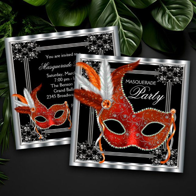 Convite Partido Mascarada Vermelho e Negro (Beautiful red, black and silver masquerade party invitation with elegant red feather mask.)