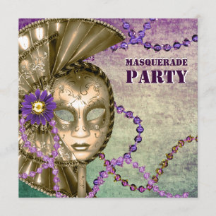 Convite Partido Miçanga de Mascarada Purple Green Mardi Gr