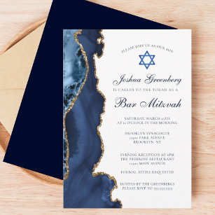 Convite Partido Mitzvah, Marinho Azul, Bar de Agate Dourad