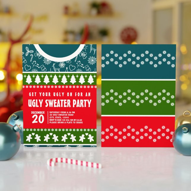 Convite Partido Modern Blue Red e Green Ugly Sweater (Modern Blue Red and Green Ugly Sweater Xmas Party Invitation)