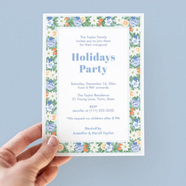 Convite Partido Moderno Clássico Chinoiserie Citrus Holida (Citrus Ginger Jar Holidays Party Invitation Featuring Hand Painted Chintz border in blues and orange)