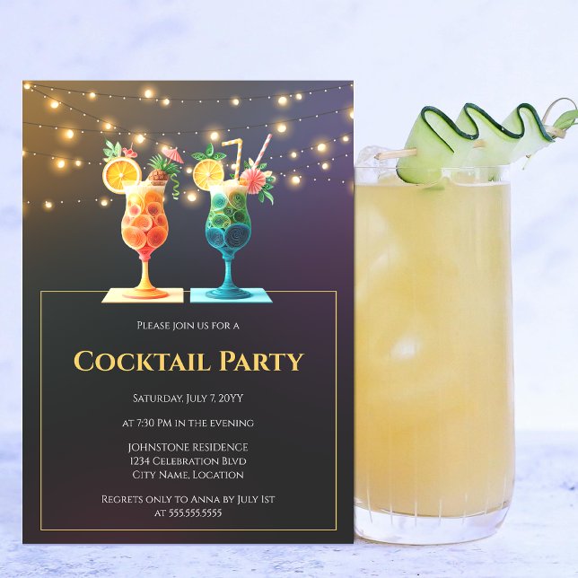 Convite Partido Moderno Cocktail (Modern cocktail party invitation front view.)