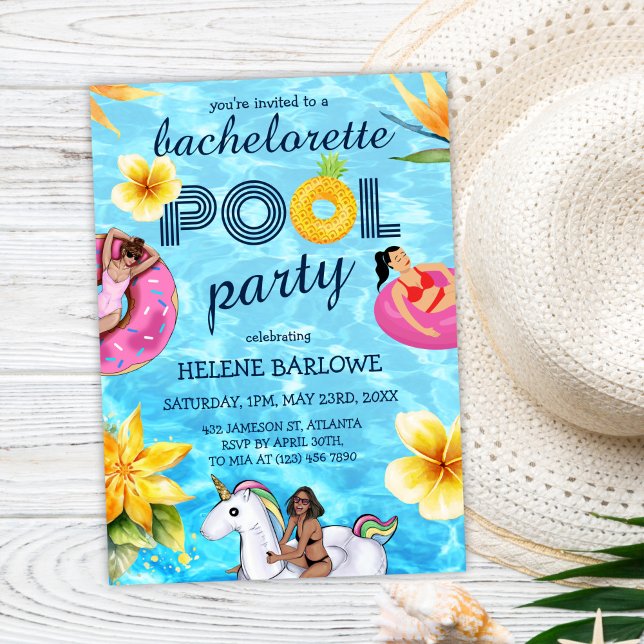Convite Partido Moderno da Piscina de Bachelorette Tropica (Modern Tropical Bachelorette Pool Party Invitation)