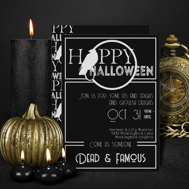 Convite Partido Moderno das Bruxas de Adultos do Elegante  (Elegant black and white flat halloween invitations)