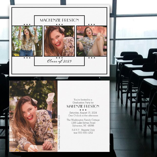 Convite Partido Moderno de Quatro Fotografias Brancas Pret (Pretty black and white modern grad party invitation.  Personalized with four photos.)