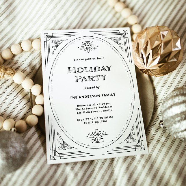 Convite Partido Moderno Deco Elegante de Férias Brancas e  (An elegant, black and white art deco style holiday party invitation)