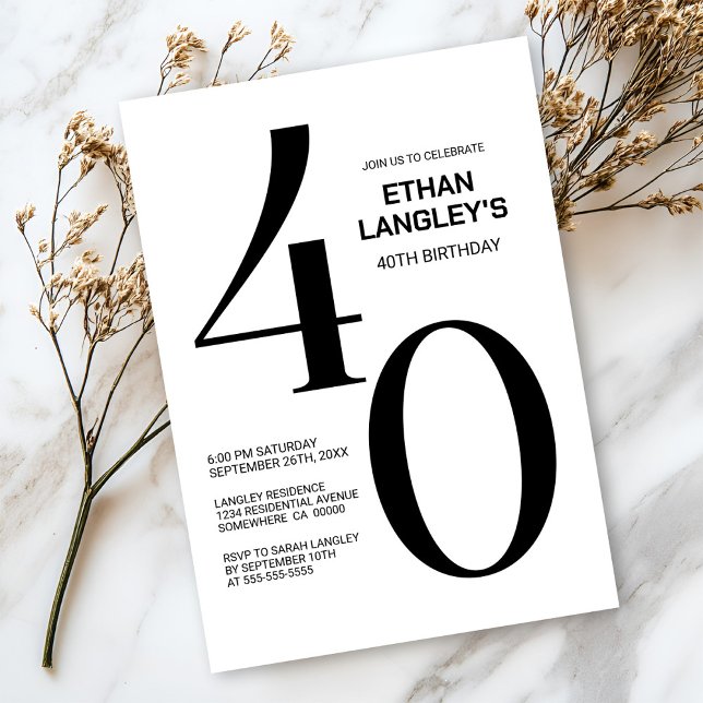 Convite Partido Moderno do aniversário de 40 anos Negro e  (Criador carregado)