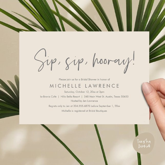 Convite Partido Moderno do Chá de panela Casual, Divertido (Sip, Sip Hooray, Modern Casual, fun and playful Bridal Shower Party Invitation Card, PDF, Cream Grey)