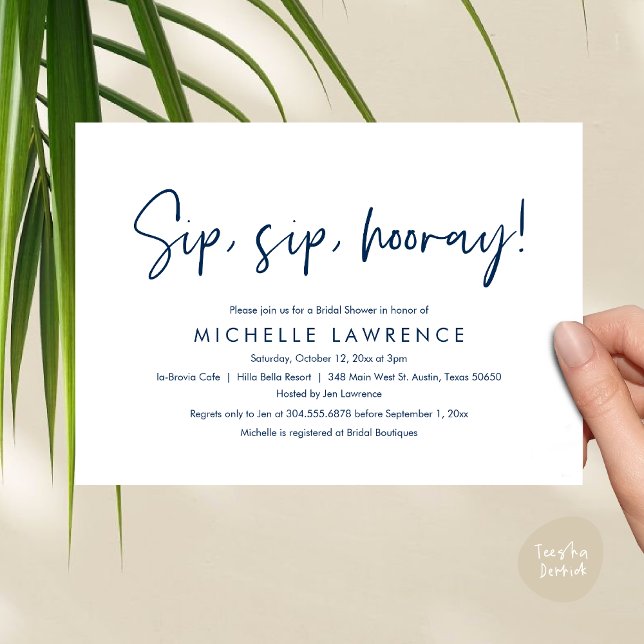 Convite Partido Moderno do Chá de panela Casual, Divertido (Sip, Sip Hooray, Modern Casual, fun and playful Bridal Shower Party Invitation Card PDF Navy Blue)