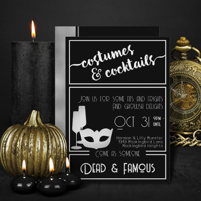 Convite Partido Moderno do Dia das Bruxas Branca Elegante (Elegant Black And White costumes and cocktails Halloween invitations)
