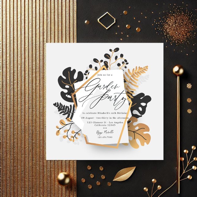 Convite Partido Moderno do Jardim Botânico Negro e Dourado (Modern Black and Gold Botanical Garden Party Invitation)