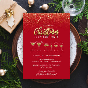 Convite Partido Moderno Dourado Glitter Cocktail de Natal