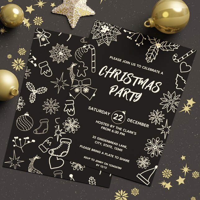 Convite Partido Moderno Negro Simples e Elegante Dourado (Modern Simple Black and Gold Elegant Xmas Party Invitation)