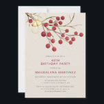 Convite Partido Moderno Red Berry aniversário de 40 anos<br><div class="desc">Bonito convite de aniversário de rusticidade para uma festa de aniversário de inverno. Apresenta bagas de fogo vermelhas em um galho nu decorado com uma campainha de ouro e fio.</div>