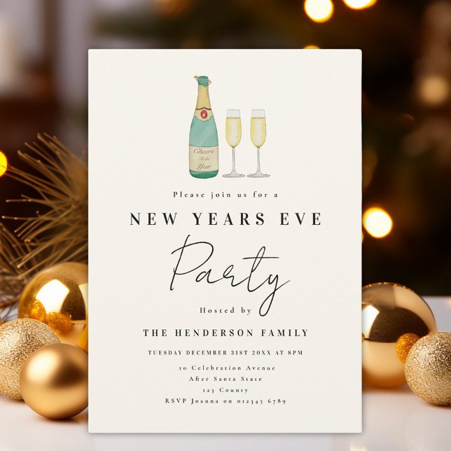 Convite Partido Moderno Simples do Ano Novo (Minimalist watercolor New Year’s Eve party invitation )