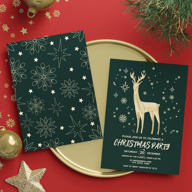 Convite Partido Moderno Verde Escuro e Dourado Elegante do (Modern Dark Green and Gold Elegant Deer Xmas Party Invitation)