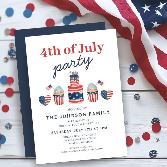 Convite Partido Moderno Vermelho Branco E Azul 4 De Julho (Modern Red White And Blue 4th Of July Party Invitation)