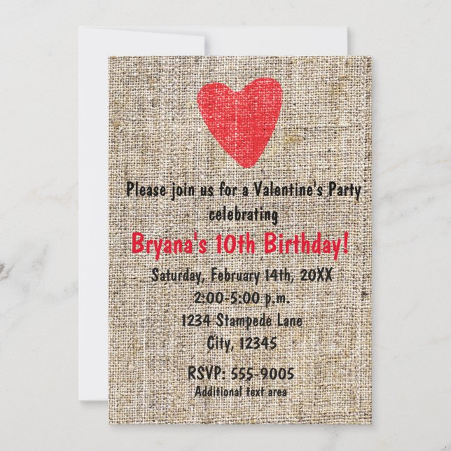 Convite Partido Namorados Rustic Red Stamped Heart Burlap (Frente)
