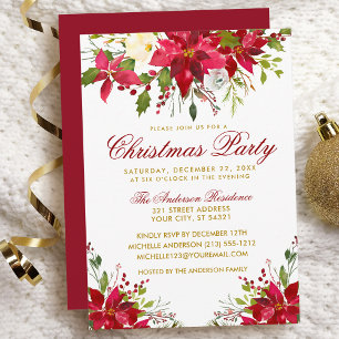 Convite Partido Natal Red Watercolor Poinsettia Floral R