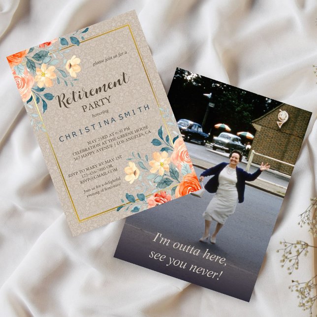 Convite Partido Neutro Terrestre de Aposentação da Aquarel (Neutral Earthy Floral Watercolor Retirement Party Invitation)