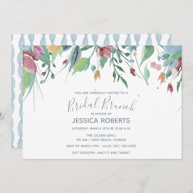 Convite Partido nupcial azul floral da refeição matinal da (Frente/Verso)