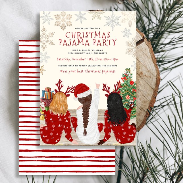 Convite Partido Pajama Moderno Red & White Watercolor (Set the tone for a cozy, winter Christmas pajama party with these cute, easy to personalize invites)