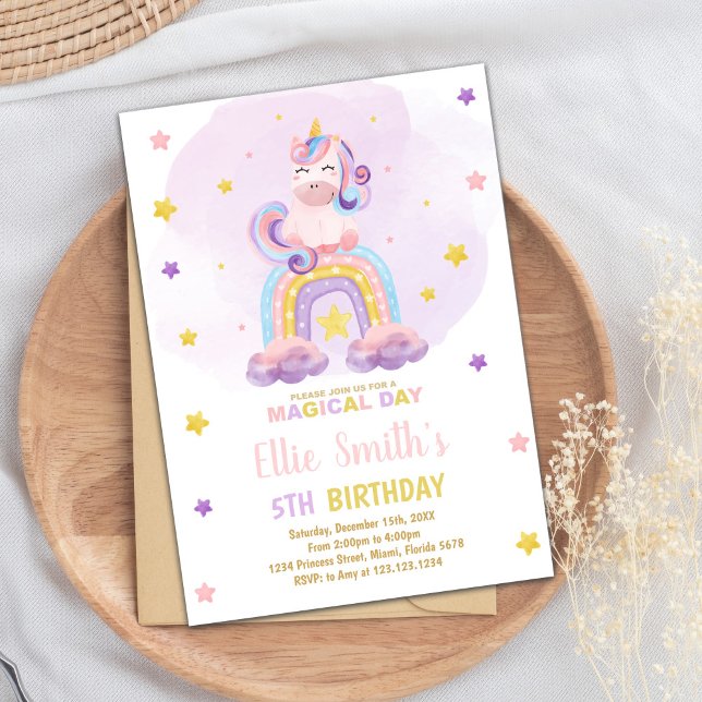 Convite Partido Pastel Mágico para Meninas (Watercolor Rainbow Unicorn Birthday Invitations)