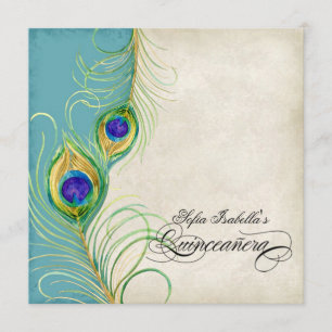Convite Partido Peacock Feathers Black Damask Quinceanera